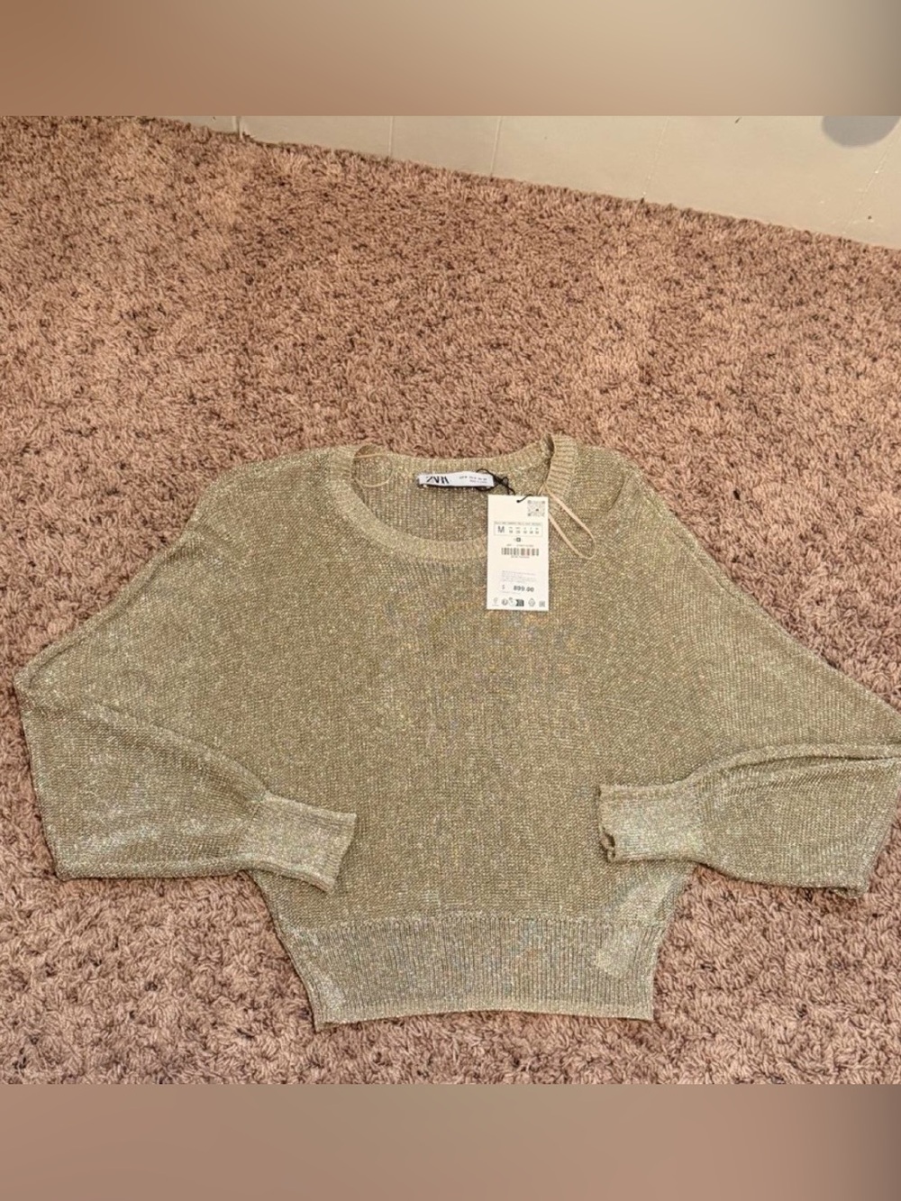 Zara Shimmery Crewneck Sweater in Light Gold NWT